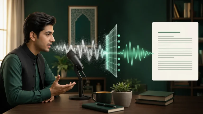 صاف آواز کی لہریں شور سے الگ ہو کر درست تحریری سطروں میں تبدیل ہو رہی ہیں